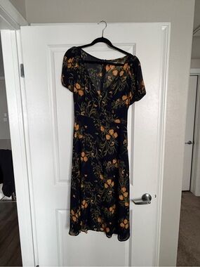 Reformation Navy Midi Dress with Orange Floral Print